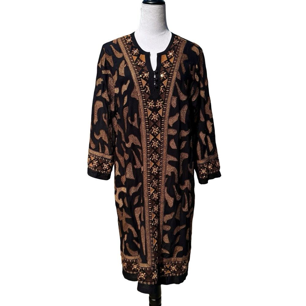 Soft Surroundings Embroidered Tunic Kaftan Dress Size L Sequins Brown Boho Beach